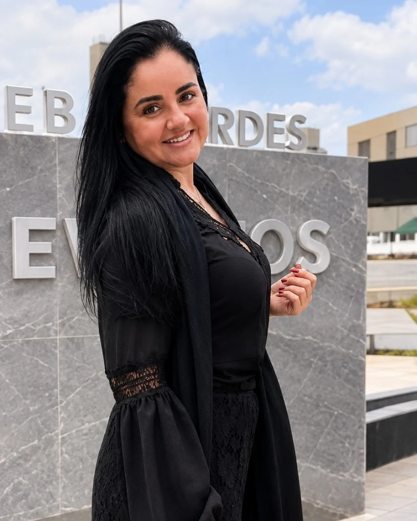 Camila Marchi sorrindo em frente a um prédio