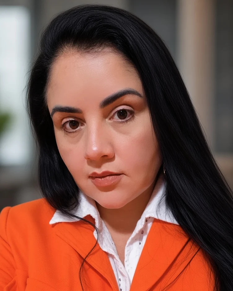 Retrato de Camila Marchi de blazer laranja